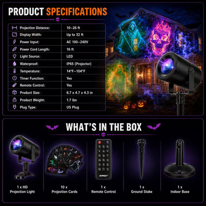 🎃👻 Last Day 50% OFF-32FT HD Halloween Projector | That Disappoint Your Halloween Party | 10 Unique HD Projection Patterns
