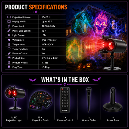 🎃👻 Last Day 50% OFF-32FT HD Halloween Projector | That Disappoint Your Halloween Party | 10 Unique HD Projection Patterns
