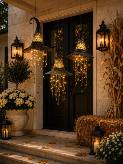 Lighted Hanging Witch Hats with Glowing Stars - Weatherproof LED Halloween Decor for Porch, Yard, Indoor