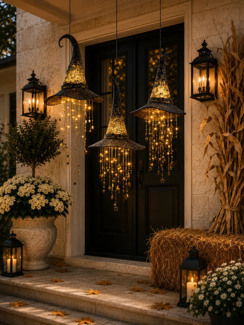 Lighted Hanging Witch Hats with Glowing Stars - Weatherproof LED Halloween Decor for Porch, Yard, Indoor