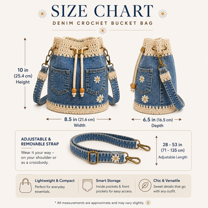 💥SAVE 33%👖 Denim Crochet Drawstring Bucket Bag, Vintage Daisy Crossbody Shoulder Bag For Women