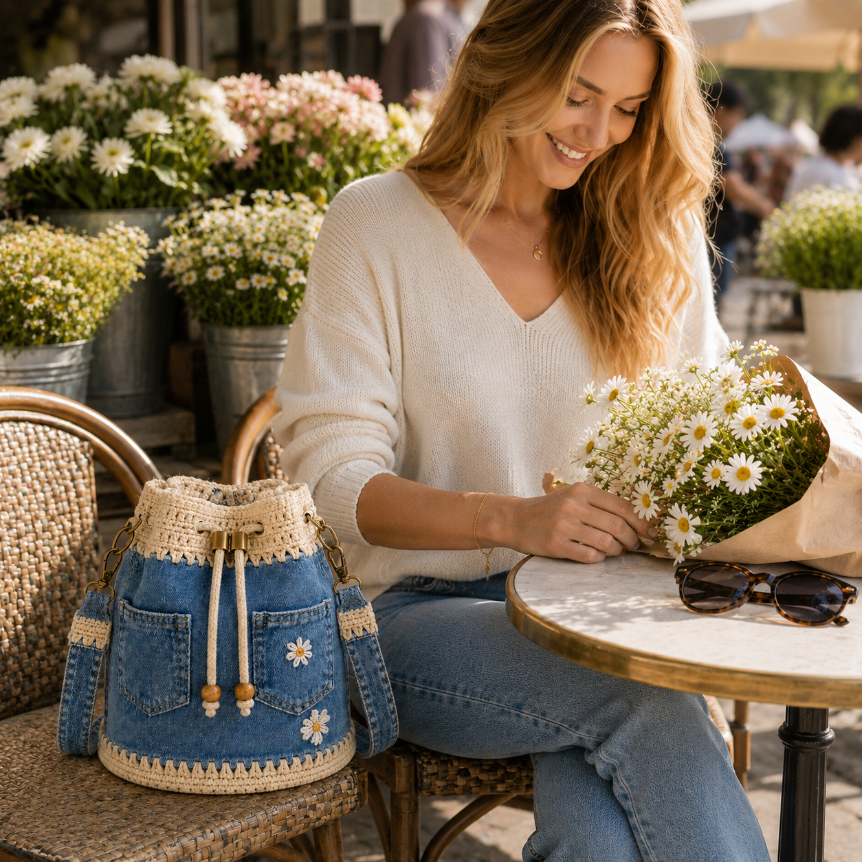 💥SAVE 33%👖 Denim Crochet Drawstring Bucket Bag, Vintage Daisy Crossbody Shoulder Bag For Women