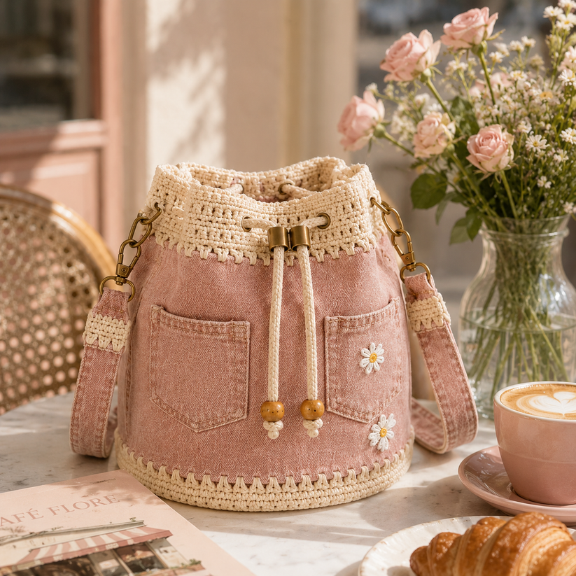 💥SAVE 33%👖 Denim Crochet Drawstring Bucket Bag, Vintage Daisy Crossbody Shoulder Bag For Women