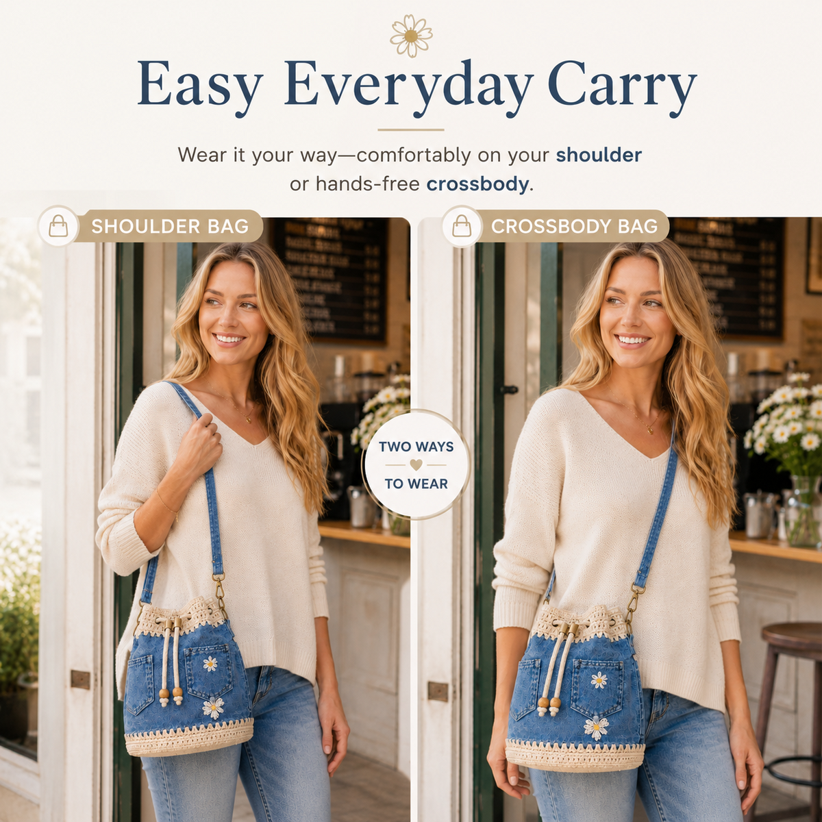 💥SAVE 33%👖 Denim Crochet Drawstring Bucket Bag, Vintage Daisy Crossbody Shoulder Bag For Women