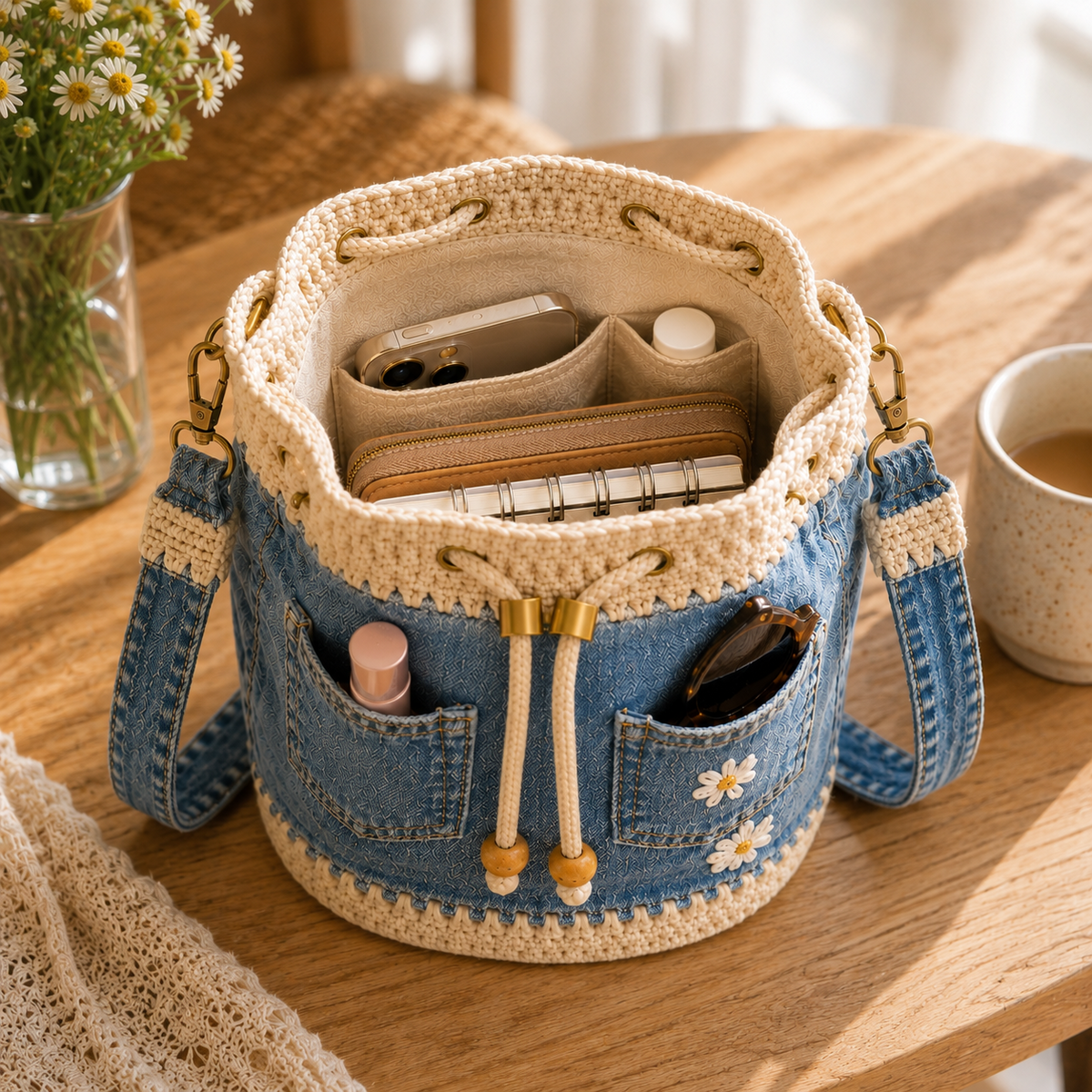💥SAVE 33%👖 Denim Crochet Drawstring Bucket Bag, Vintage Daisy Crossbody Shoulder Bag For Women