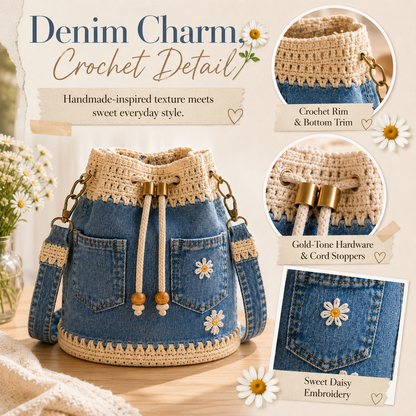 💥SAVE 33%👖 Denim Crochet Drawstring Bucket Bag, Vintage Daisy Crossbody Shoulder Bag For Women