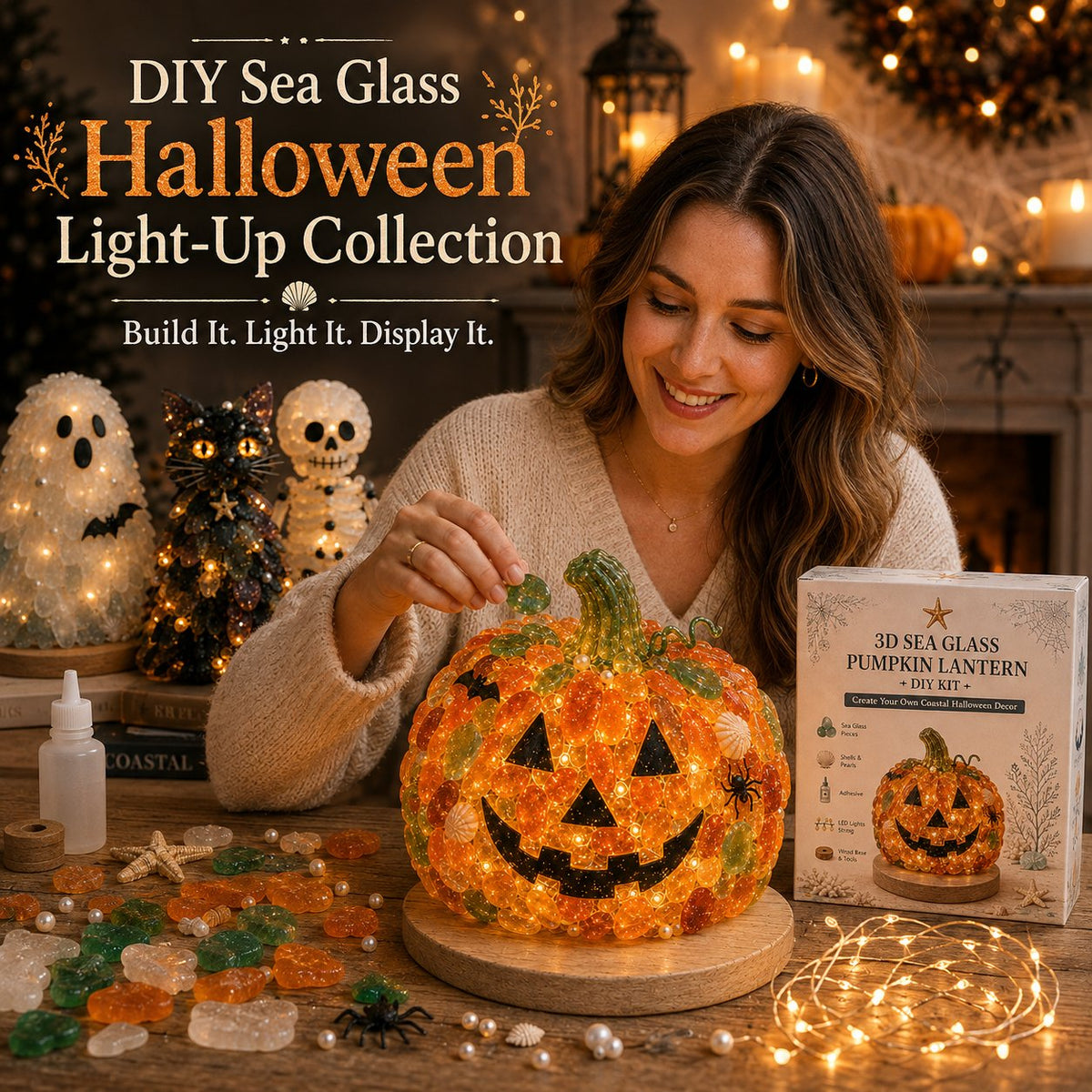 💯⏳49% OFF – 🎃 Beginner-Friendly DIY Lighted Sea Glass Halloween Character Kit Collection | Complete Kit with Sea Glass Pieces, LED Lights & Step-by-Step Guide Included 💕