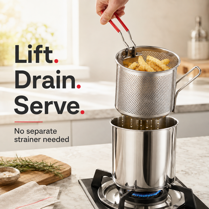 🍟 Personal Mini Deep Fryer Set – Stainless Steel Pot with Lift-Out Draining Basket & Food Tongs