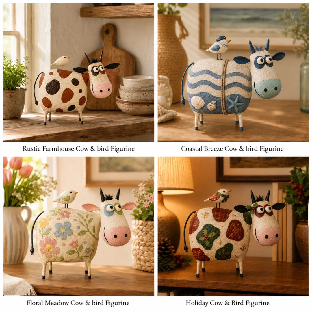 Whimsical Cow & Bird Folk Art Figurine – Rustic Farmhouse Tabletop Decor Gift