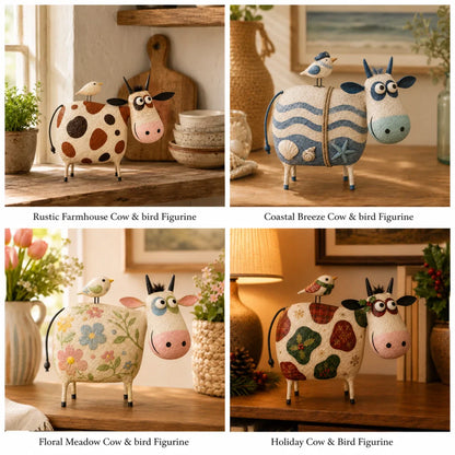 Whimsical Cow & Bird Folk Art Figurine – Rustic Farmhouse Tabletop Decor Gift
