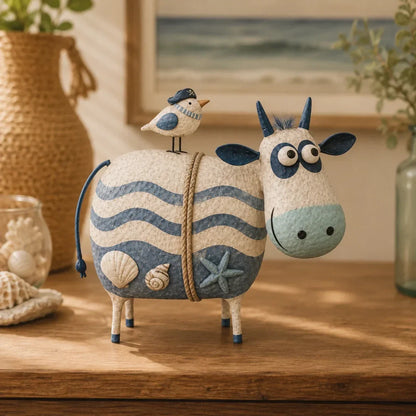 Whimsical Cow & Bird Folk Art Figurine – Rustic Farmhouse Tabletop Decor Gift
