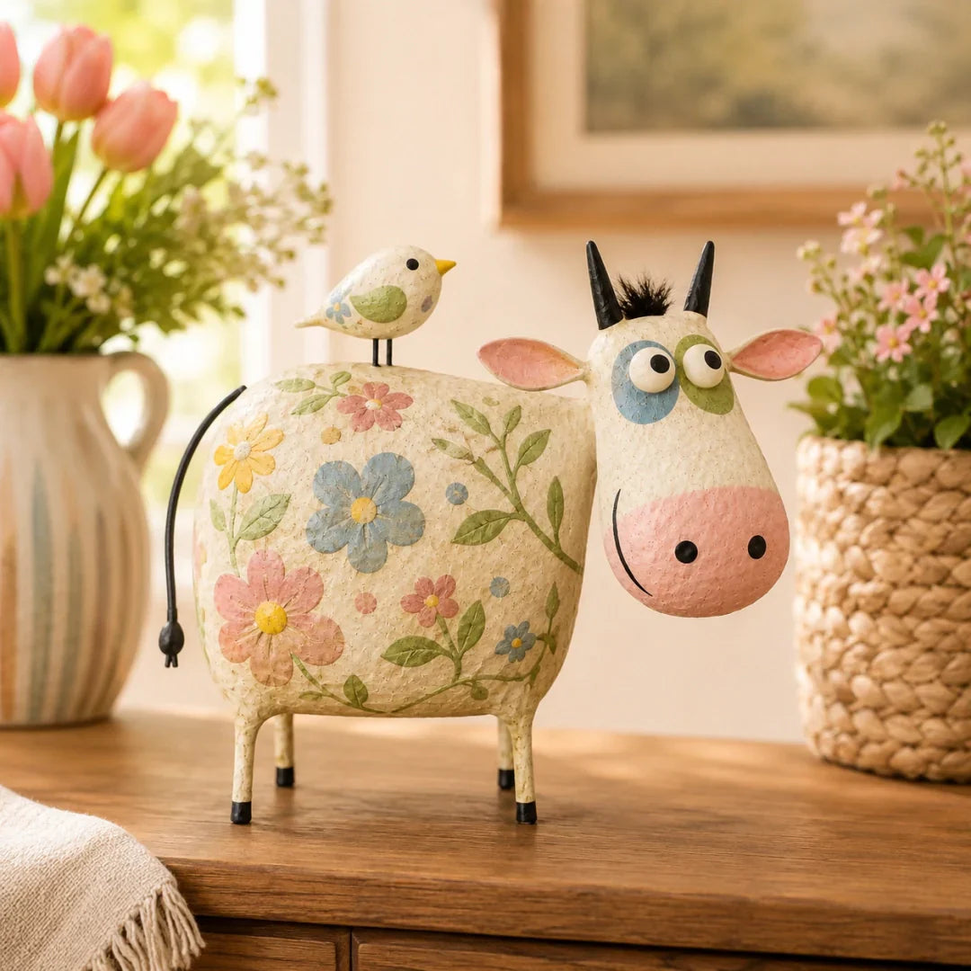 Whimsical Cow & Bird Folk Art Figurine – Rustic Farmhouse Tabletop Decor Gift