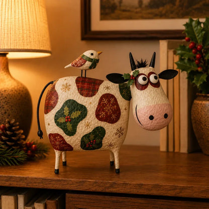Whimsical Cow & Bird Folk Art Figurine – Rustic Farmhouse Tabletop Decor Gift
