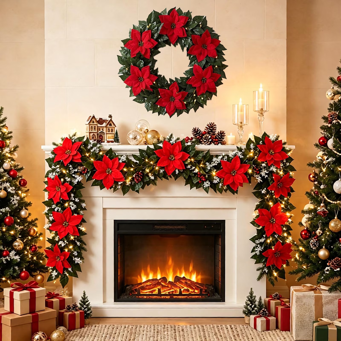 Artificial Christmas Poinsettia Garland with Green Leaves – Flexible Velvet Red Flower Vine for Fireplace, Staircase & Mantel Decor