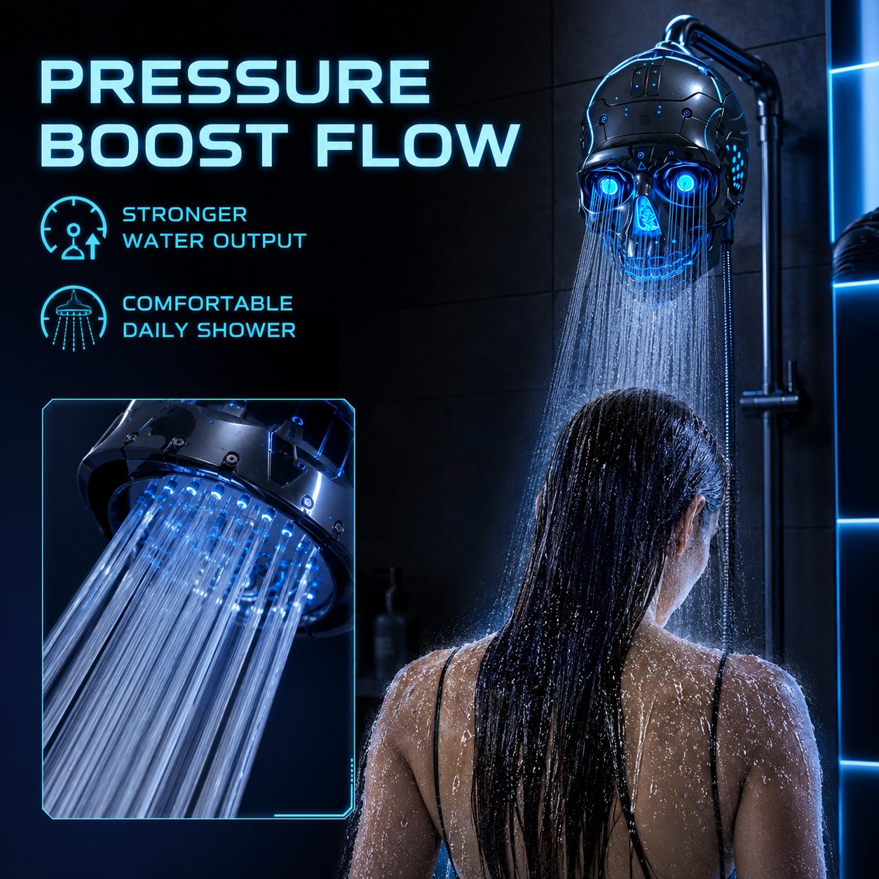 Cyber Mecha Skull Color Changing LED Pressure Boost Shower Head