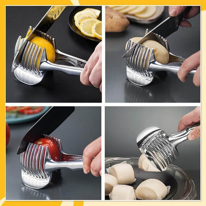 Creative Kitchen Slice Cutting Tool, Food‑Grade Aluminum Alloy Hand‑Held Slicer, Quick Slicing Holder for Lemon, Tomato, Onion & Soft Fruits Vegetables