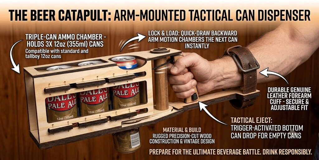 3-in-1 Tactical Beer Catapult | Arm-Mounted mechanical Can Dispenser & Holder for BBQ Campout Party