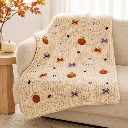 Zavrly™ Chunky Knit Halloween Ghost & Pumpkin Bow Throw Blanket