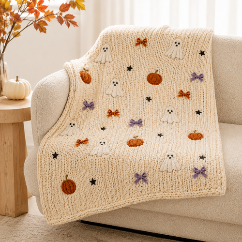 Zavrly™ Chunky Knit Halloween Ghost & Pumpkin Bow Throw Blanket
