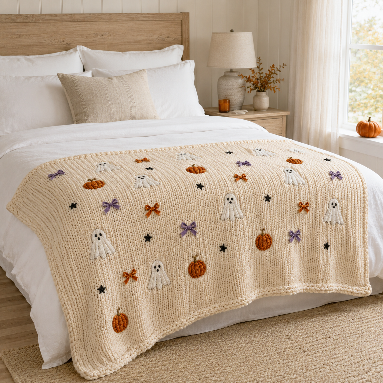 Zavrly™ Chunky Knit Halloween Ghost & Pumpkin Bow Throw Blanket
