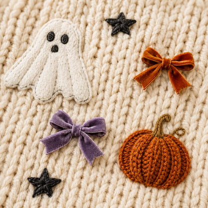 Zavrly™ Chunky Knit Halloween Ghost & Pumpkin Bow Throw Blanket