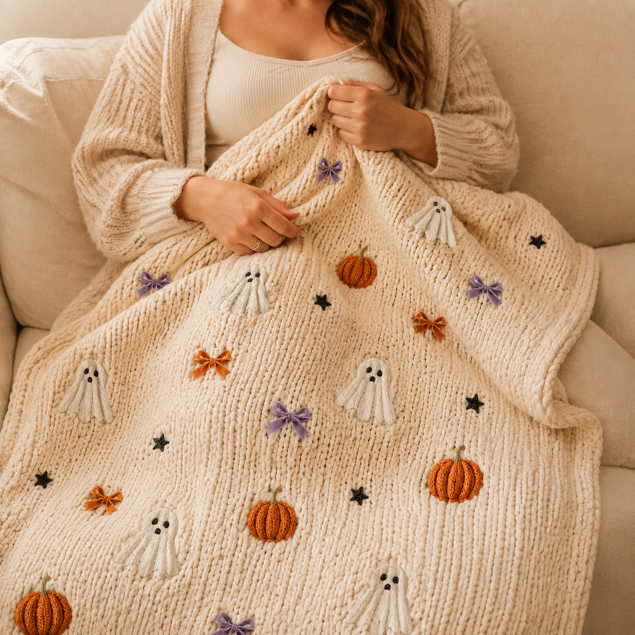 Zavrly™ Chunky Knit Halloween Ghost & Pumpkin Bow Throw Blanket