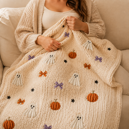 Zavrly™ Chunky Knit Halloween Ghost & Pumpkin Bow Throw Blanket