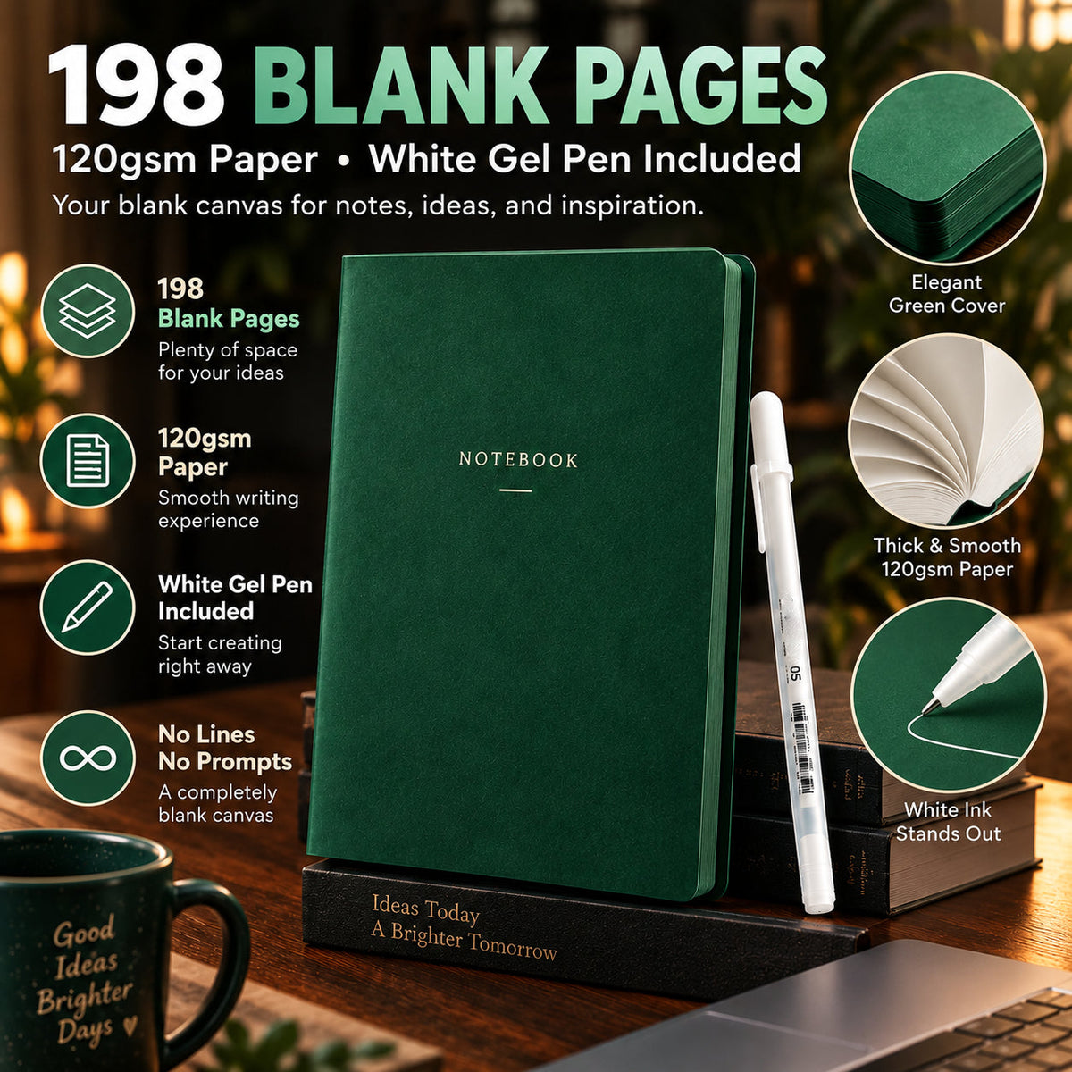 💚 Deep Green Blank Notebook with White Gel Pen | Aesthetic Writing & Sketch Journal