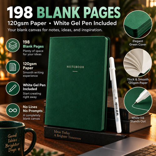 💚 Deep Green Blank Notebook with White Gel Pen | Aesthetic Writing & Sketch Journal