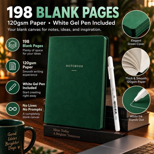 💚 Deep Green Blank Notebook with White Gel Pen | Aesthetic Writing & Sketch Journal