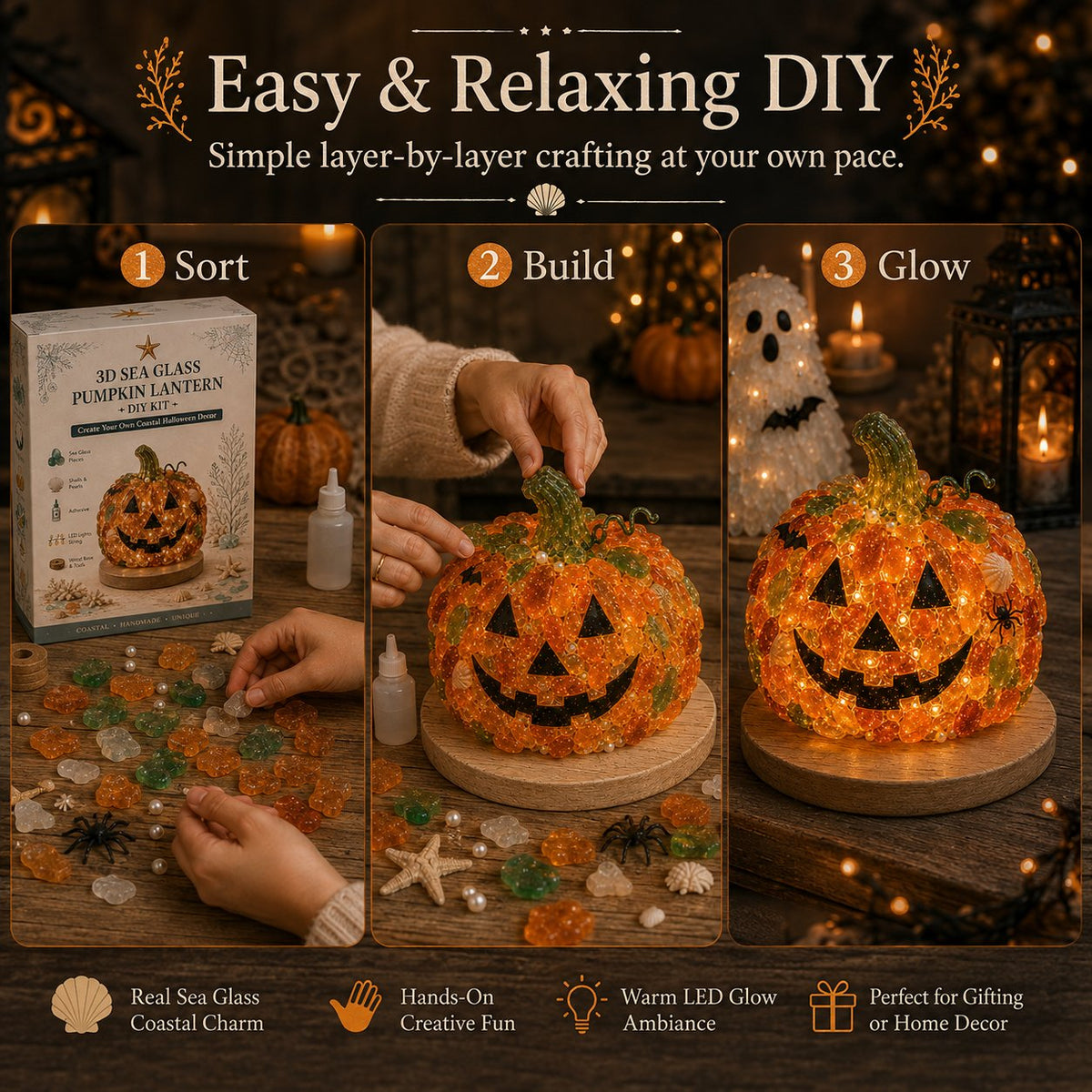 💯⏳49% OFF – 🎃 Beginner-Friendly DIY Lighted Sea Glass Halloween Character Kit Collection | Complete Kit with Sea Glass Pieces, LED Lights & Step-by-Step Guide Included 💕