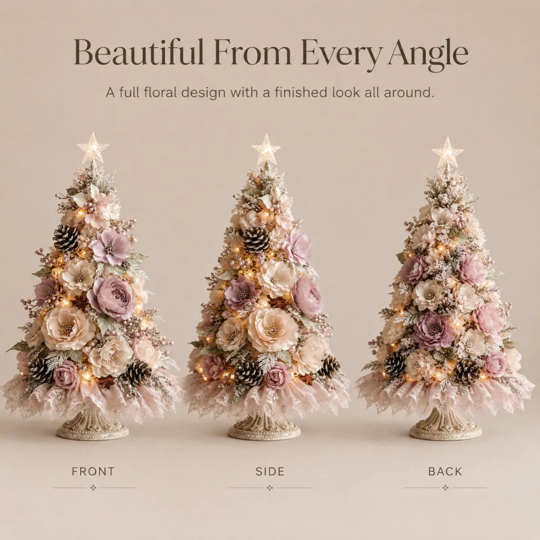 Blush Bloom Pre-Lit Floral Christmas Tree – Cord-Free Tabletop Décor