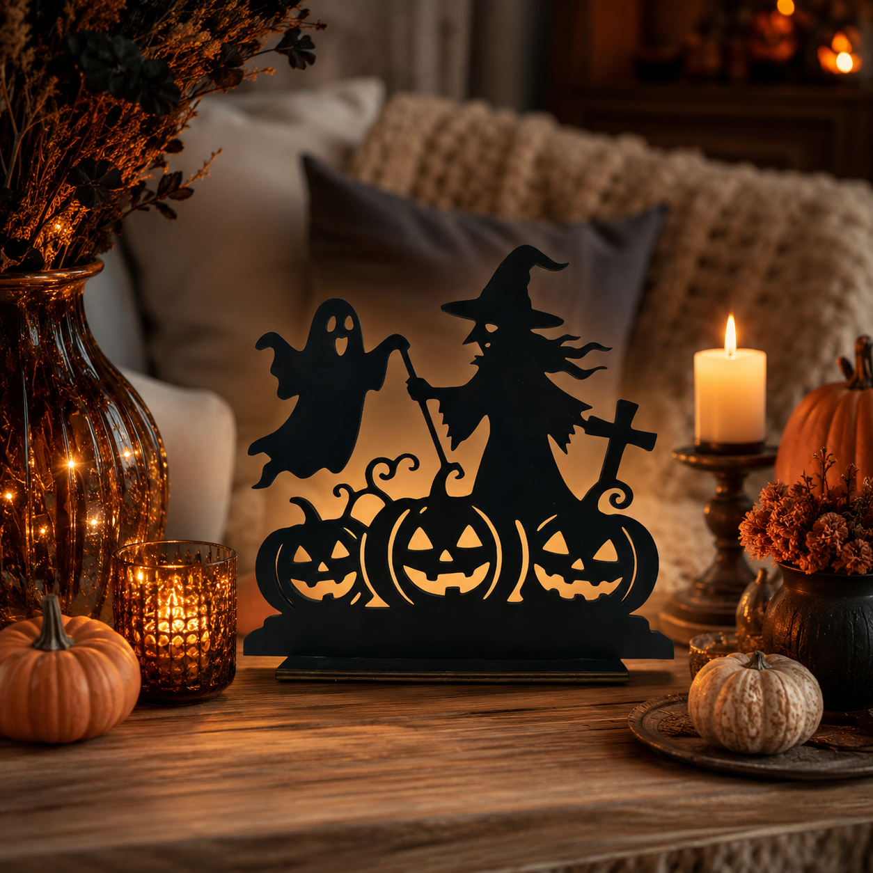 🎃 Wooden Halloween Table Centerpieces - Spooky Ghost & Pumpkin Sign, Haunted House Silhouette Block Tabletop Decor for Party & Home