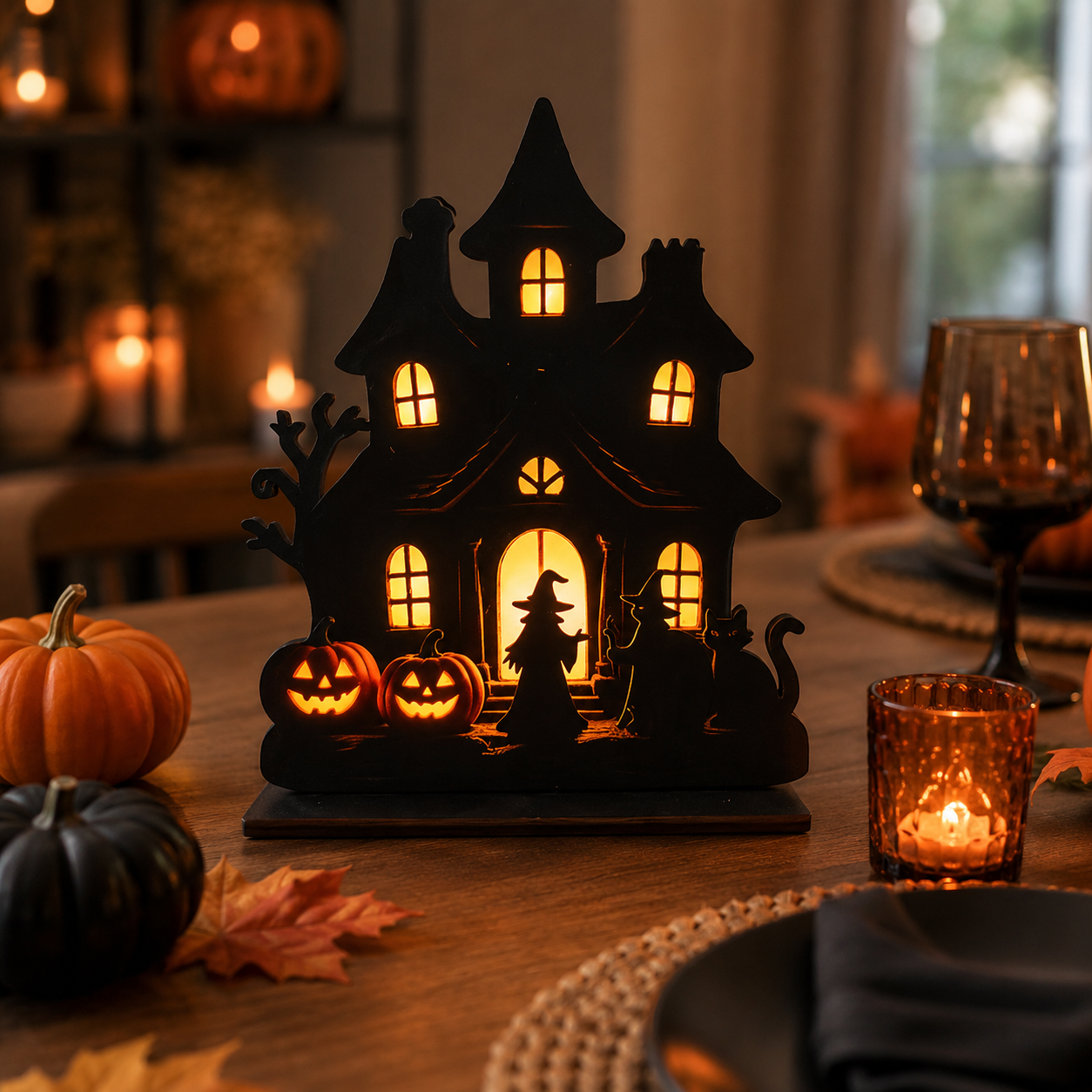 🎃 Wooden Halloween Table Centerpieces - Spooky Ghost & Pumpkin Sign, Haunted House Silhouette Block Tabletop Decor for Party & Home