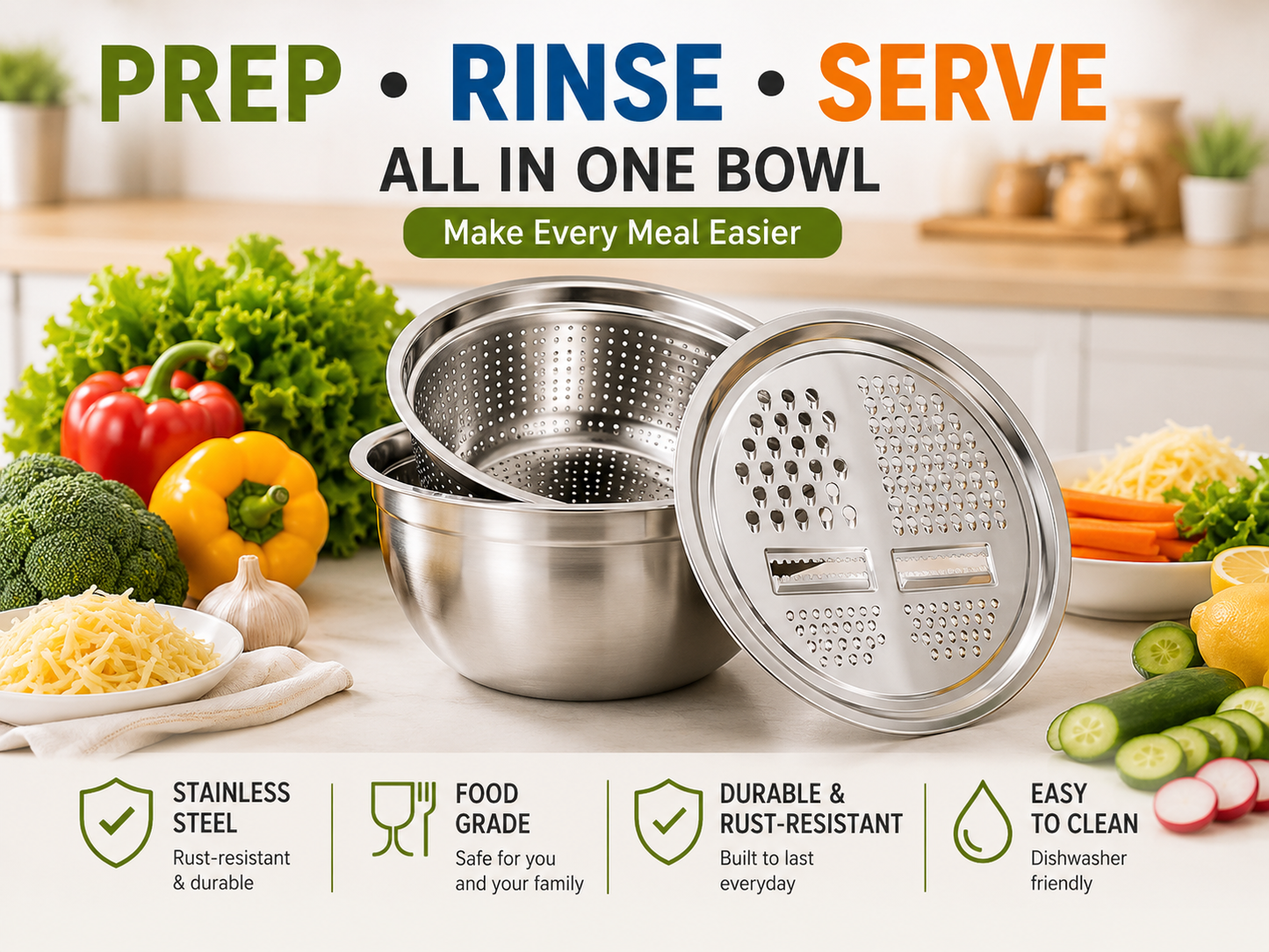 🎁3-in-1 Stainless Steel Grater Bowl & Colander Set