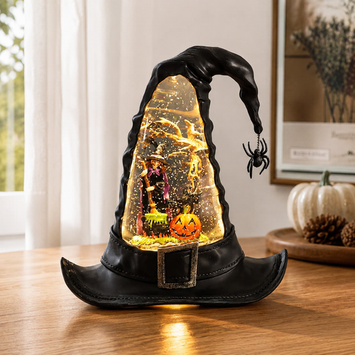 🌟Lighted Swirling Witch Hat Water Globe (9.5-Inch Halloween Decor)