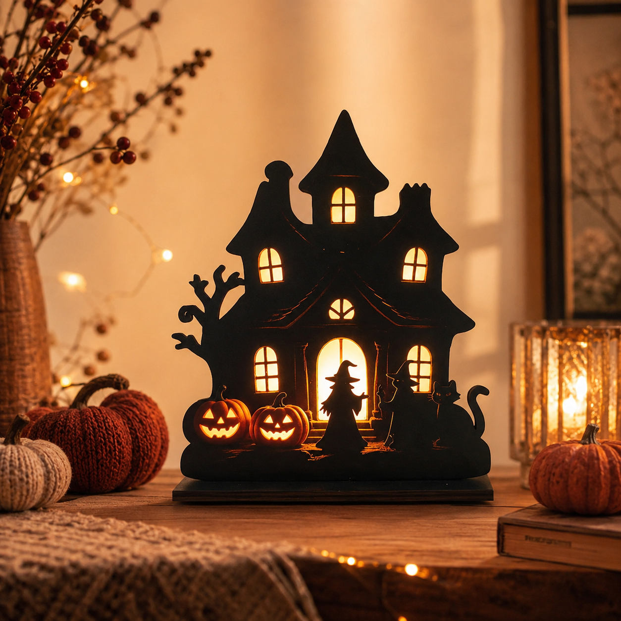 🎃 Wooden Halloween Table Centerpieces - Spooky Ghost & Pumpkin Sign, Haunted House Silhouette Block Tabletop Decor for Party & Home