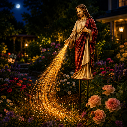 Solar Powered Jesus Light Statue – Flowing Fiber Optic Waterfall Garden Stake