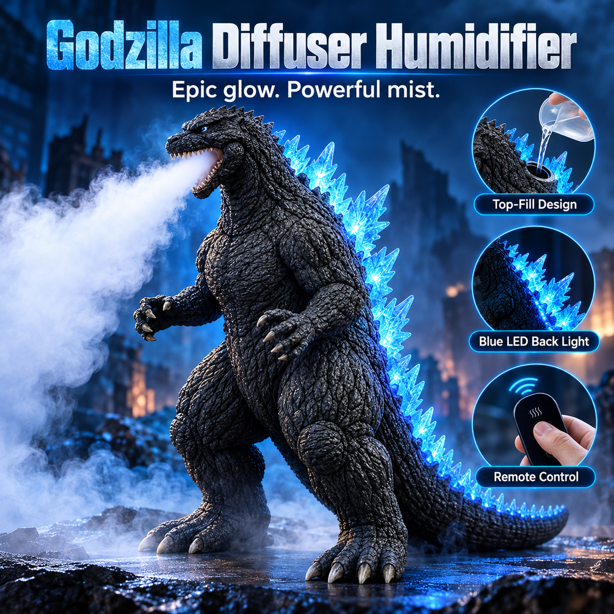 🌊💙 Kaiju Mist Diffuser Humidifier – Cool Mist, Blue LED Glow & Remote Control