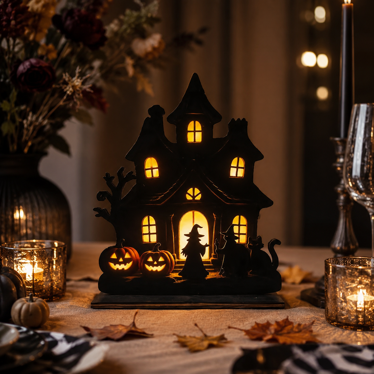 🎃 Wooden Halloween Table Centerpieces - Spooky Ghost & Pumpkin Sign, Haunted House Silhouette Block Tabletop Decor for Party & Home
