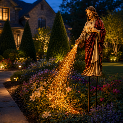 Solar Powered Jesus Light Statue – Flowing Fiber Optic Waterfall Garden Stake