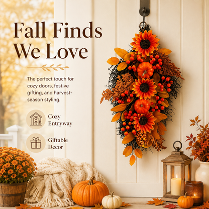 🍂 Harvest Teardrop Swag 🎃 Faux Autumn Front Door & Thanksgiving Decor 🌾