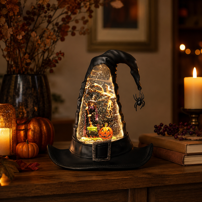 🌟Lighted Swirling Witch Hat Water Globe (9.5-Inch Halloween Decor)