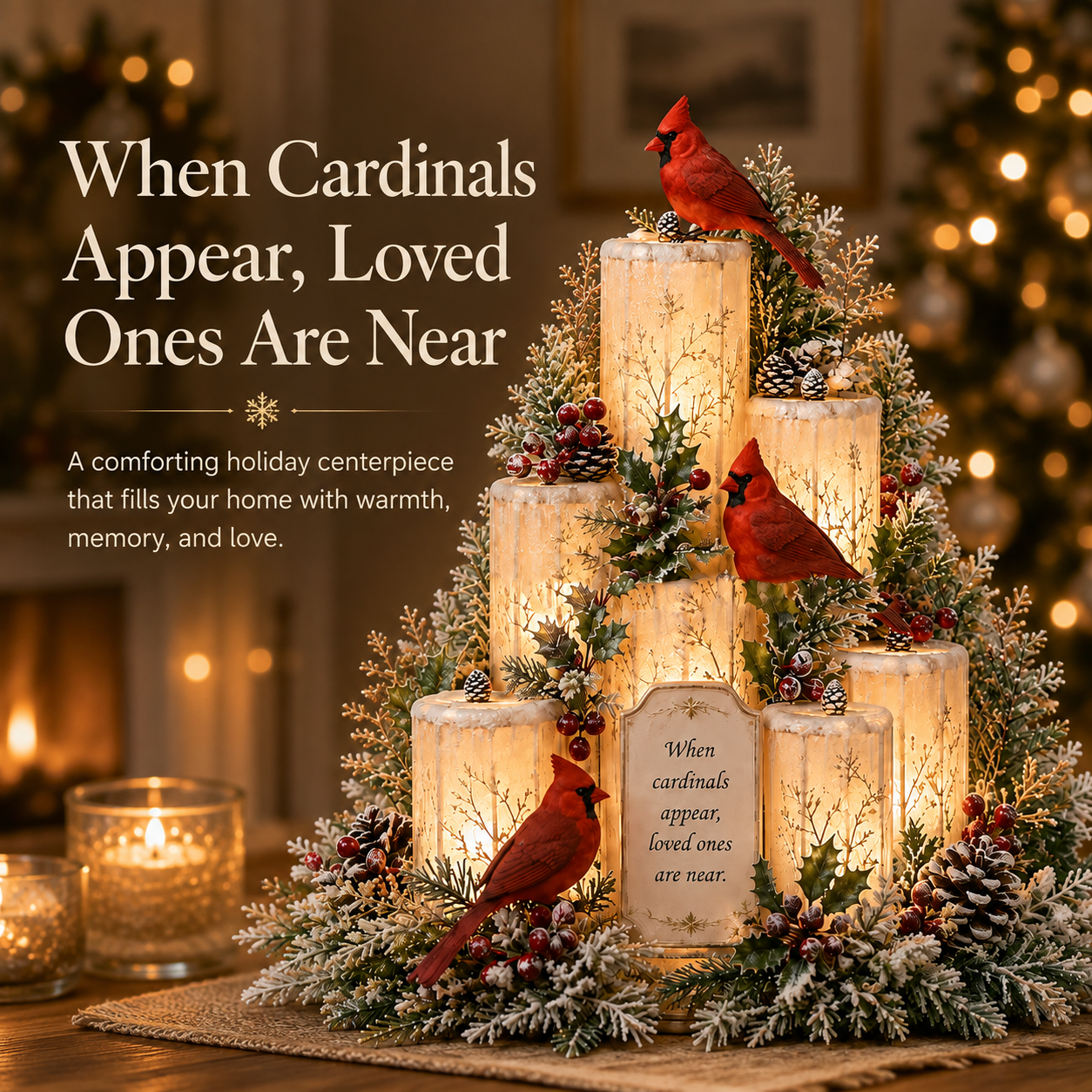 Cardinal memorial LED candle centerpiece details