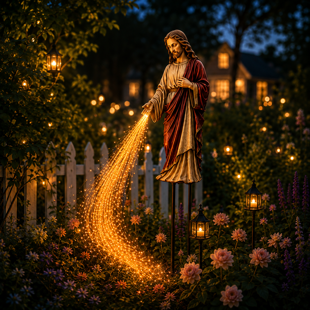 Solar Powered Jesus Light Statue – Flowing Fiber Optic Waterfall Garden Stake