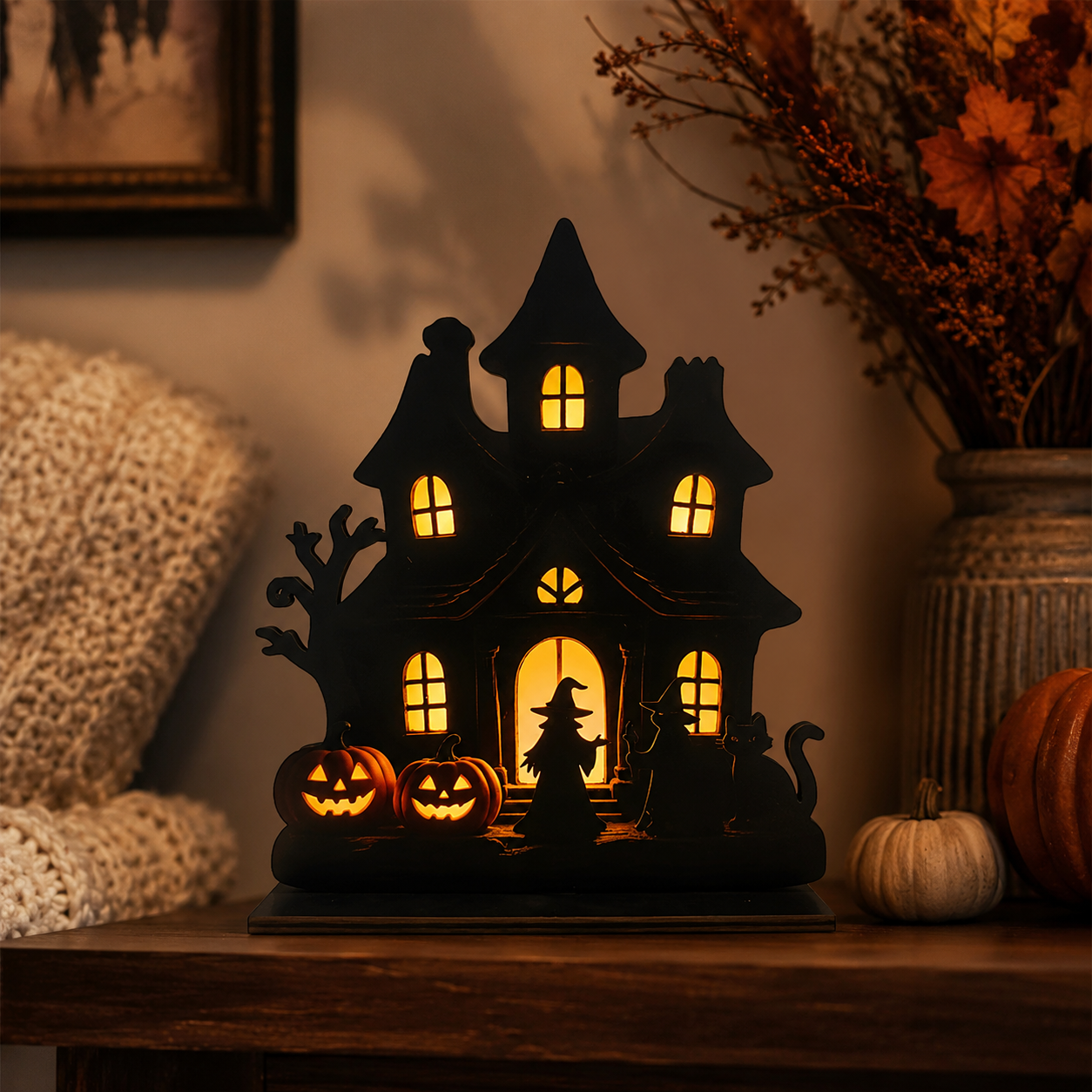 🎃 Wooden Halloween Table Centerpieces - Spooky Ghost & Pumpkin Sign, Haunted House Silhouette Block Tabletop Decor for Party & Home