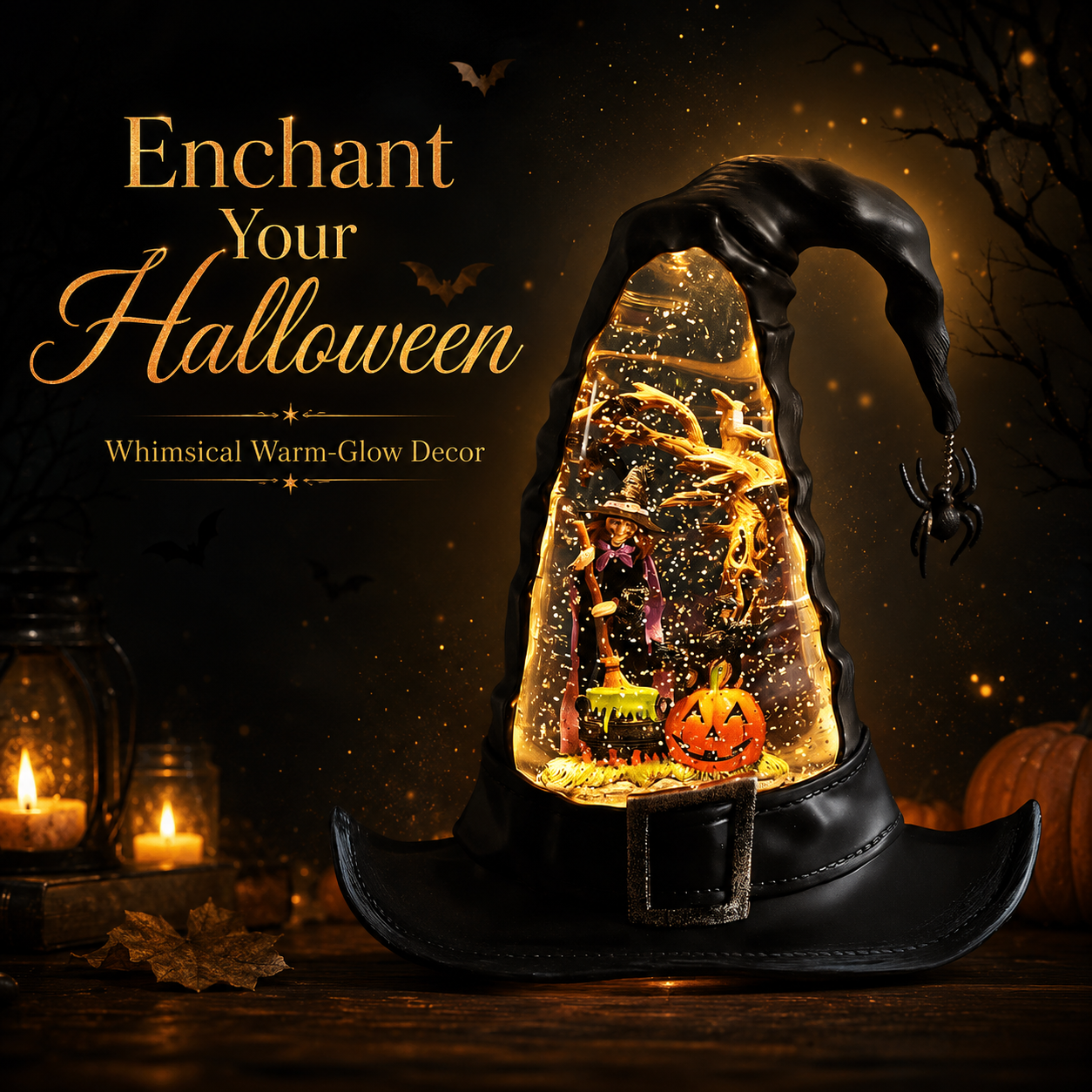 🌟Lighted Swirling Witch Hat Water Globe (9.5-Inch Halloween Decor)