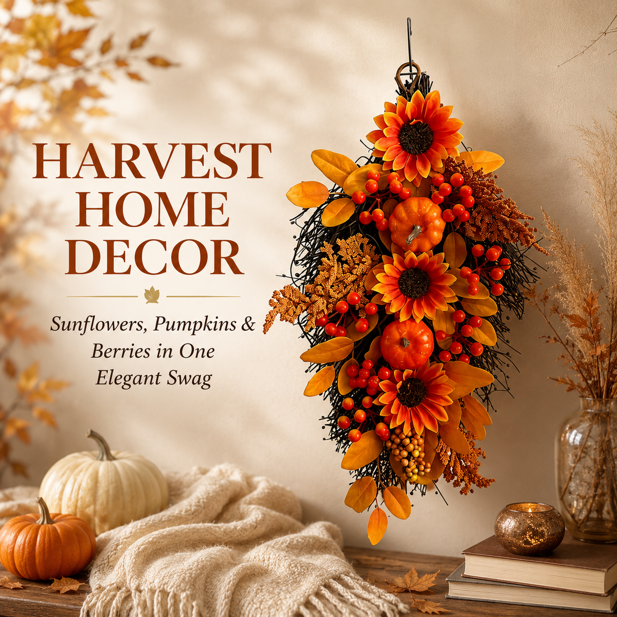 🍂 Harvest Teardrop Swag 🎃 Faux Autumn Front Door & Thanksgiving Decor 🌾