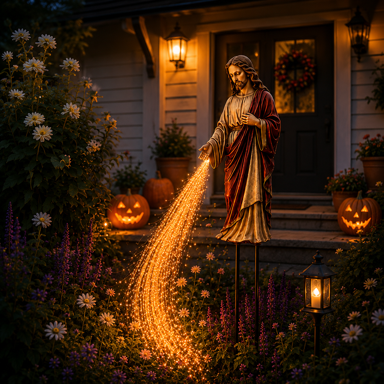 Solar Powered Jesus Light Statue – Flowing Fiber Optic Waterfall Garden Stake