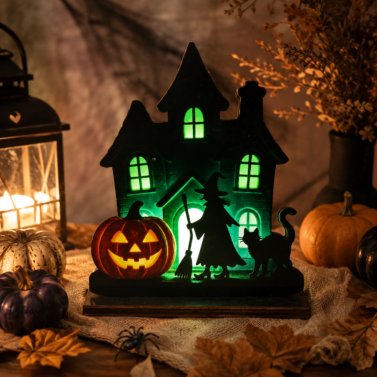 🎃 Wooden Halloween Table Centerpieces - Spooky Ghost & Pumpkin Sign, Haunted House Silhouette Block Tabletop Decor for Party & Home